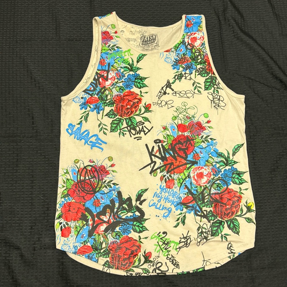 Fresh Laundry Graffiti Savage Roses Inked “You Are My Heart Calling” Tank Top XL